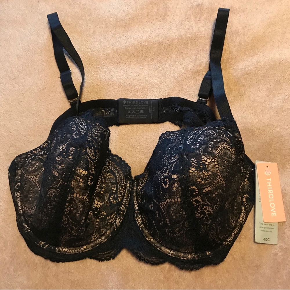 NWT ThirdLove Black 24/7 Lace Balconette Bra 40C